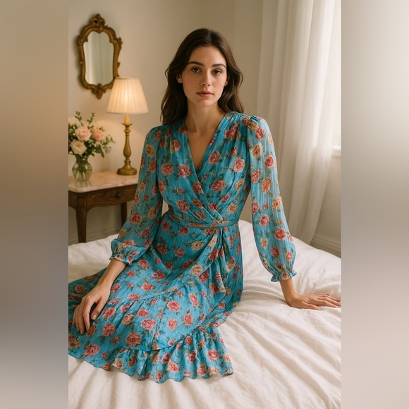 Adelyn Rae Floral Ruffle Wrap Midi Dress Blue – Size Small Feminine Romantic - Picture 3 of 15